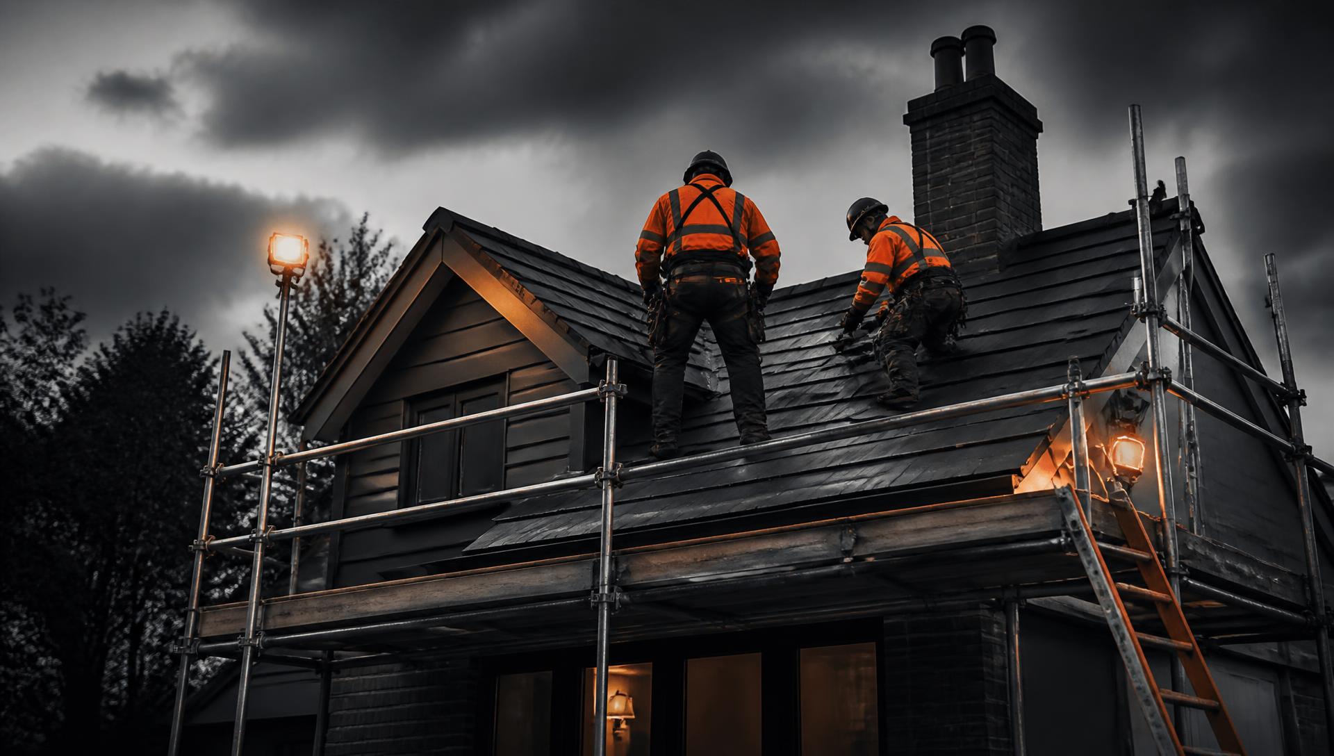 Roofing team working on a roof repair project